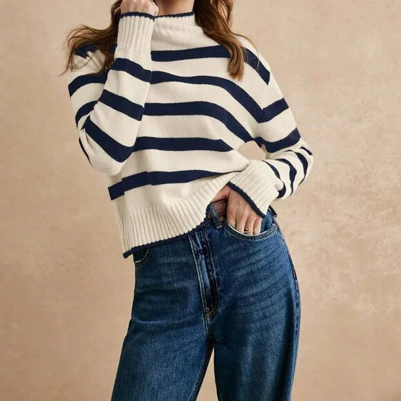 Navy Blue Casual Women's Striped Stand Collar Drop Shoulder Long Sleeve Sweater - Picture 5 of 7